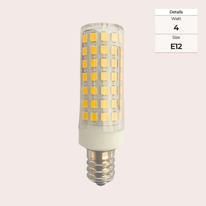 4 watt E12 LED light bulb with multiple yellow diodes on a white background