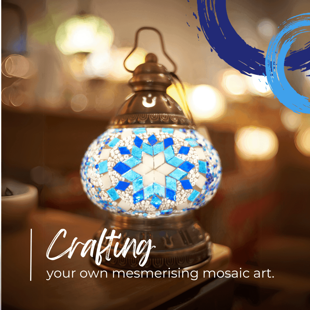Glowing mosaic lamp with blue and white tiles on wooden surface, DIY crafting and home decor