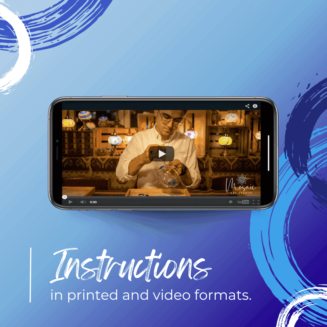 Smartphone displaying video tutorial of man assembling mosaic lamp with glowing mosaic lamps in background