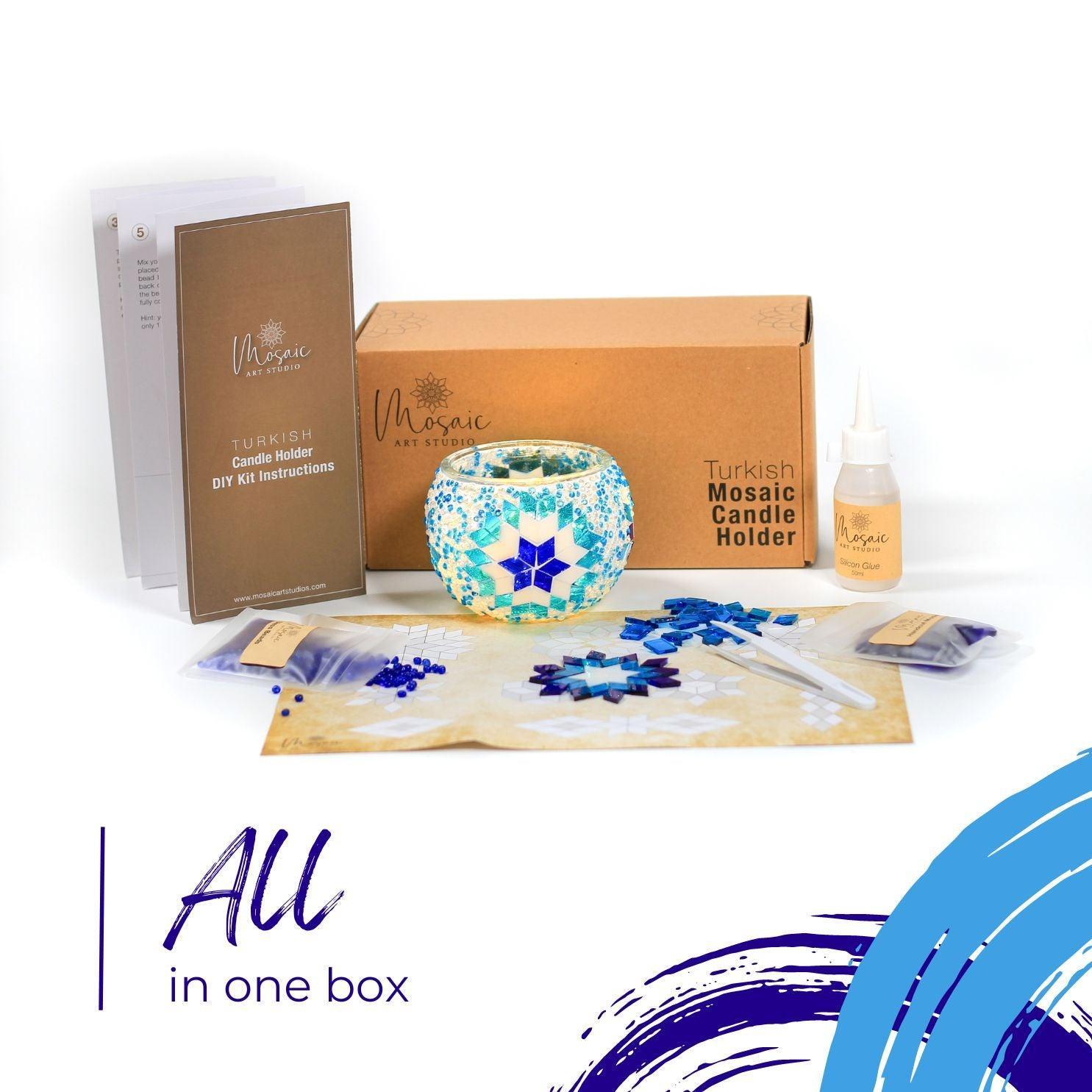 Turkish mosaic candle holder DIY kit with instructions, glue, glass beads, and mosaic tiles