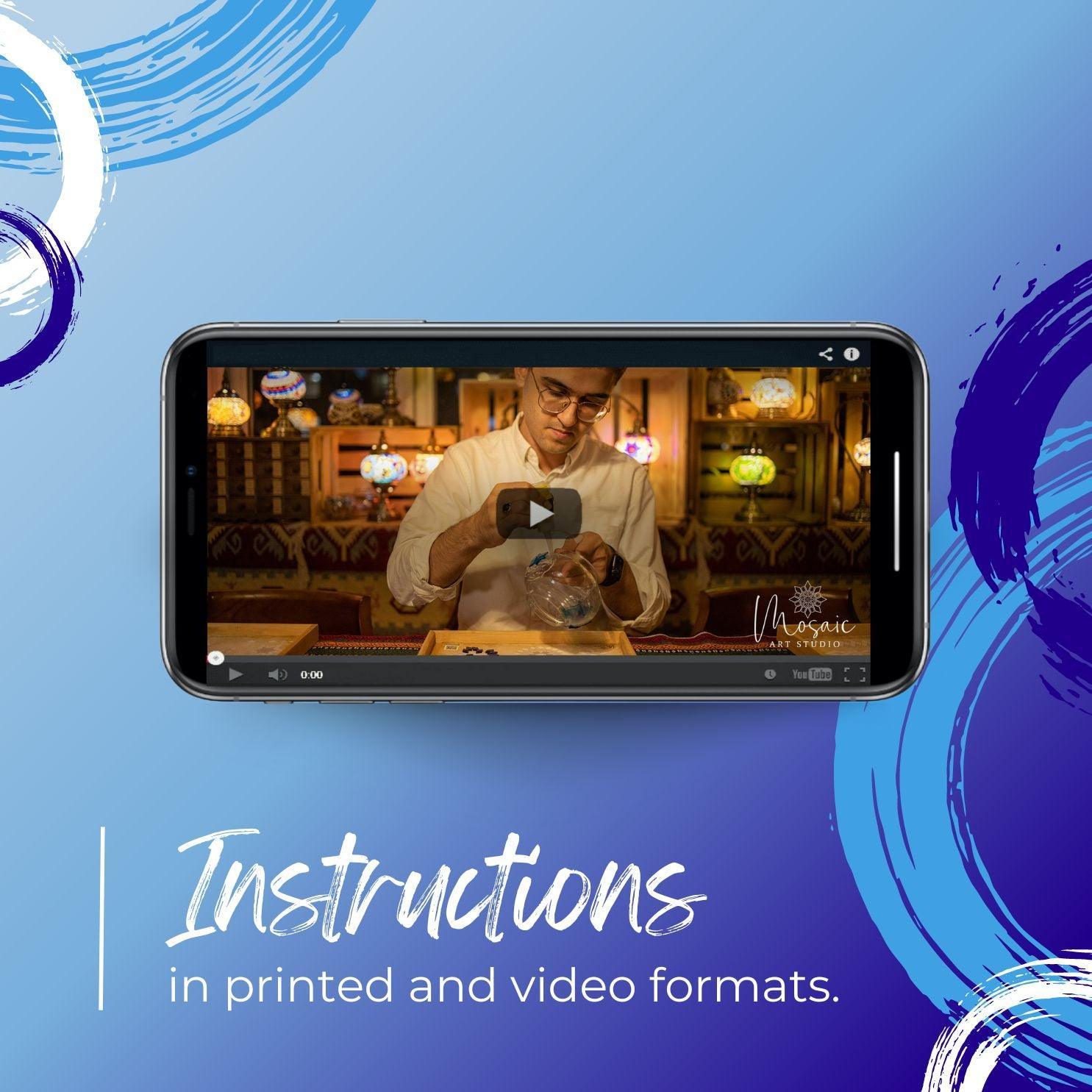 DIY mosaic candle holder kit with printed and video instructions shown on smartphone screen
