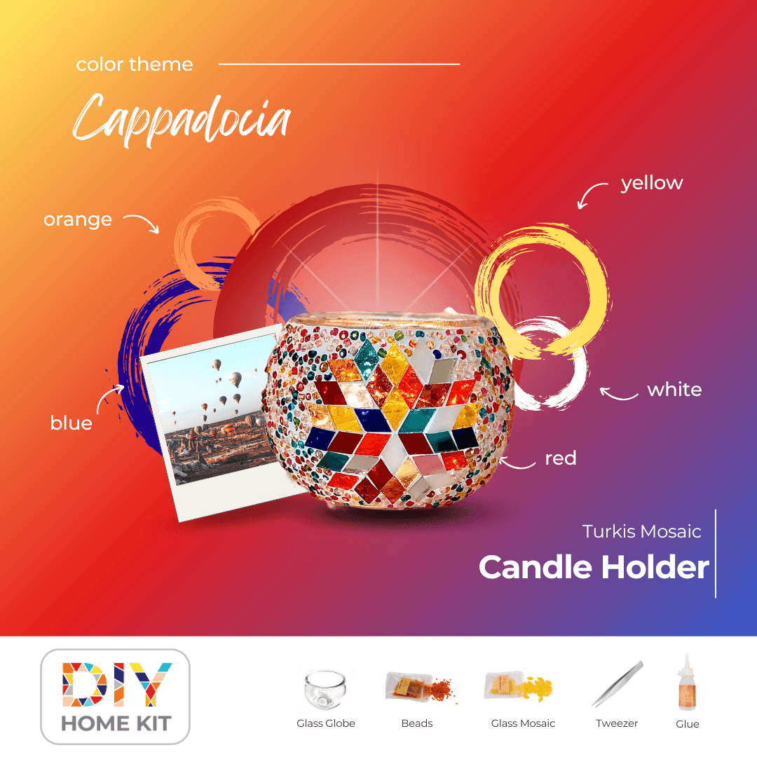 Colorful Cappadocia mosaic candle holder DIY kit with glass globe, beads, tweezers, and glue