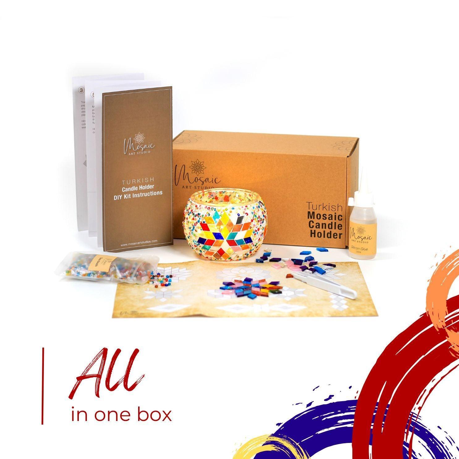Turkish mosaic candle holder DIY kit with colorful glass pieces, glue, instructions, and box