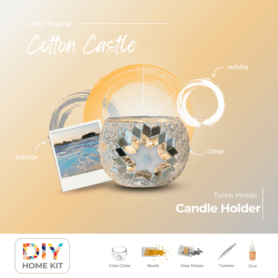 Cotton Castle mosaic glass candle holder DIY kit with beads, glass globe, tweezers, and glue
