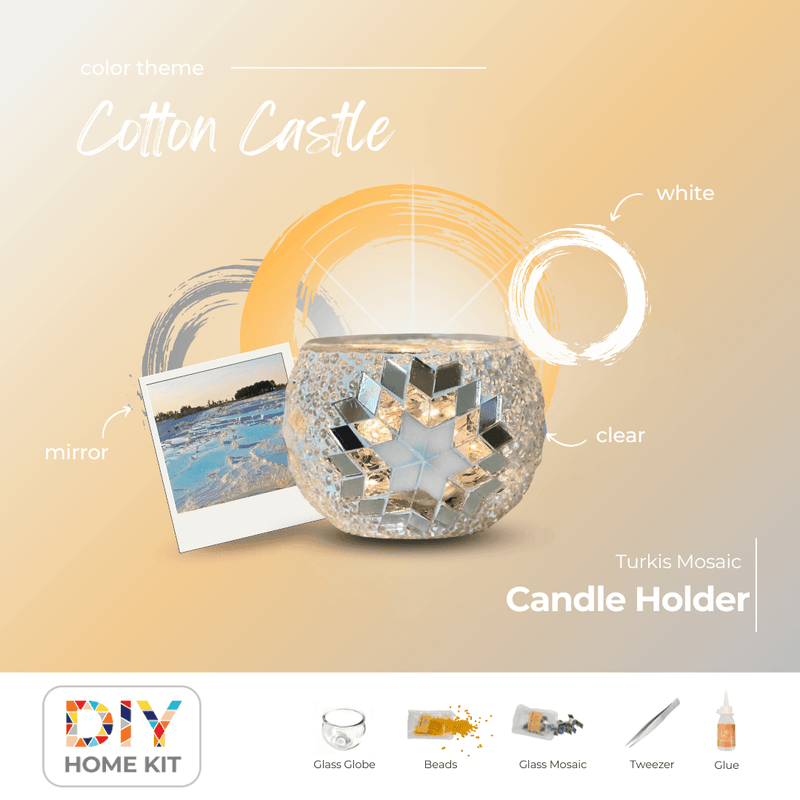 Cotton Castle mosaic glass candle holder DIY kit with beads, glass globe, tweezers, and glue