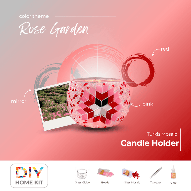 Rose Garden color-themed Turkish mosaic candle holder DIY kit with glass globe, beads, mosaic pieces, tweezer, and glue
