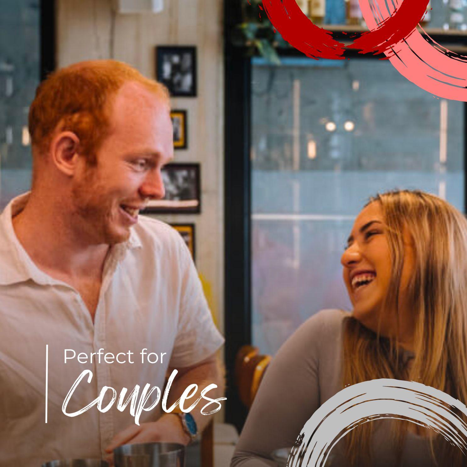 Smiling couple enjoying time together in cozy cafe setting with 'Perfect for Couples' text