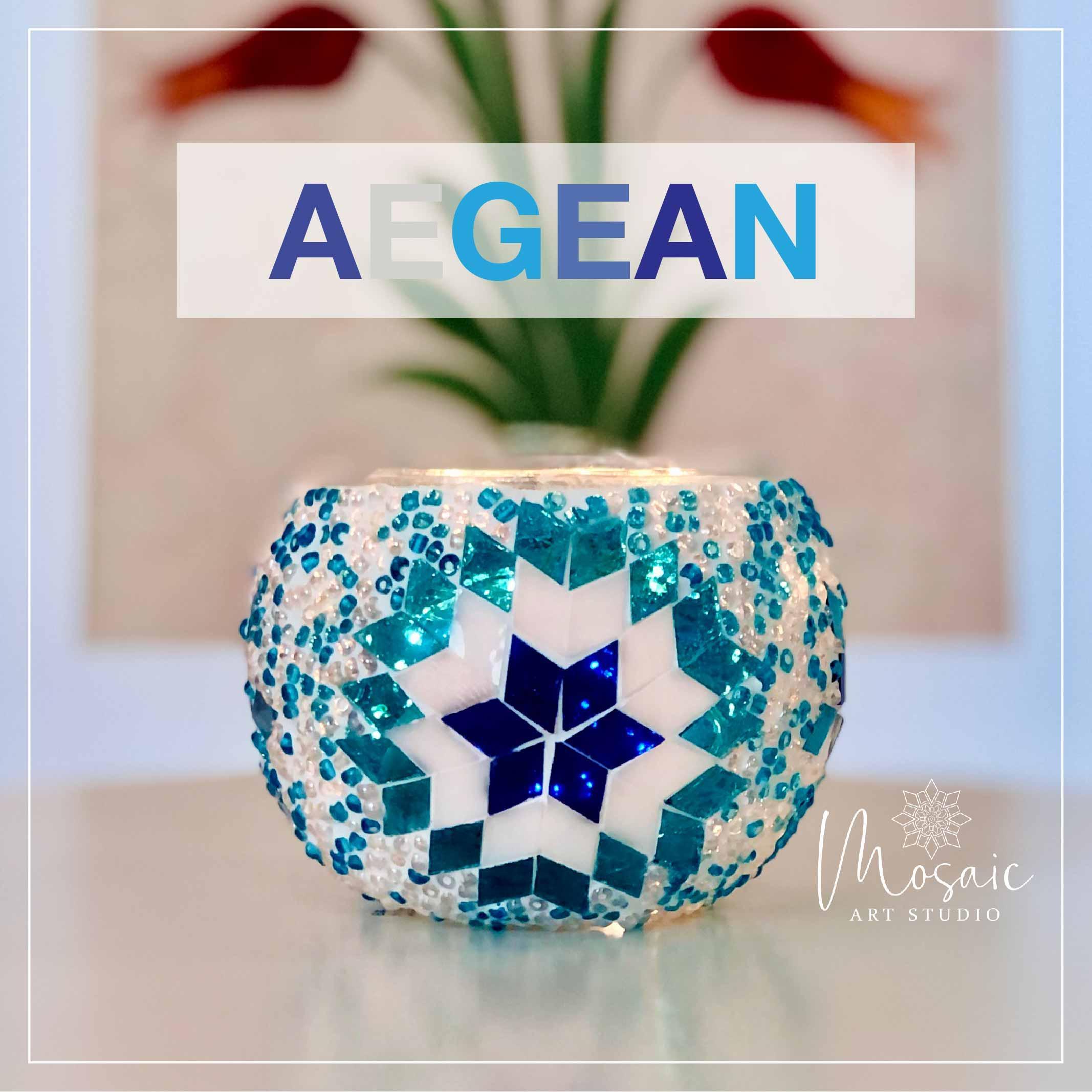 Aegean mosaic candle holder DIY home kit with blue and white geometric star design