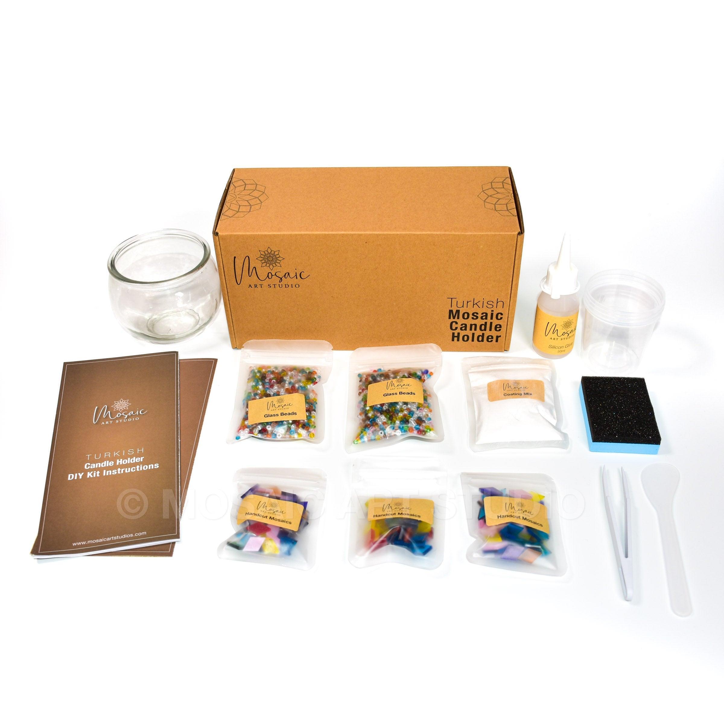 Turkish mosaic candle holder DIY kit with glass beads, handcut mosaics, glue, coating mix, instructions, and tools