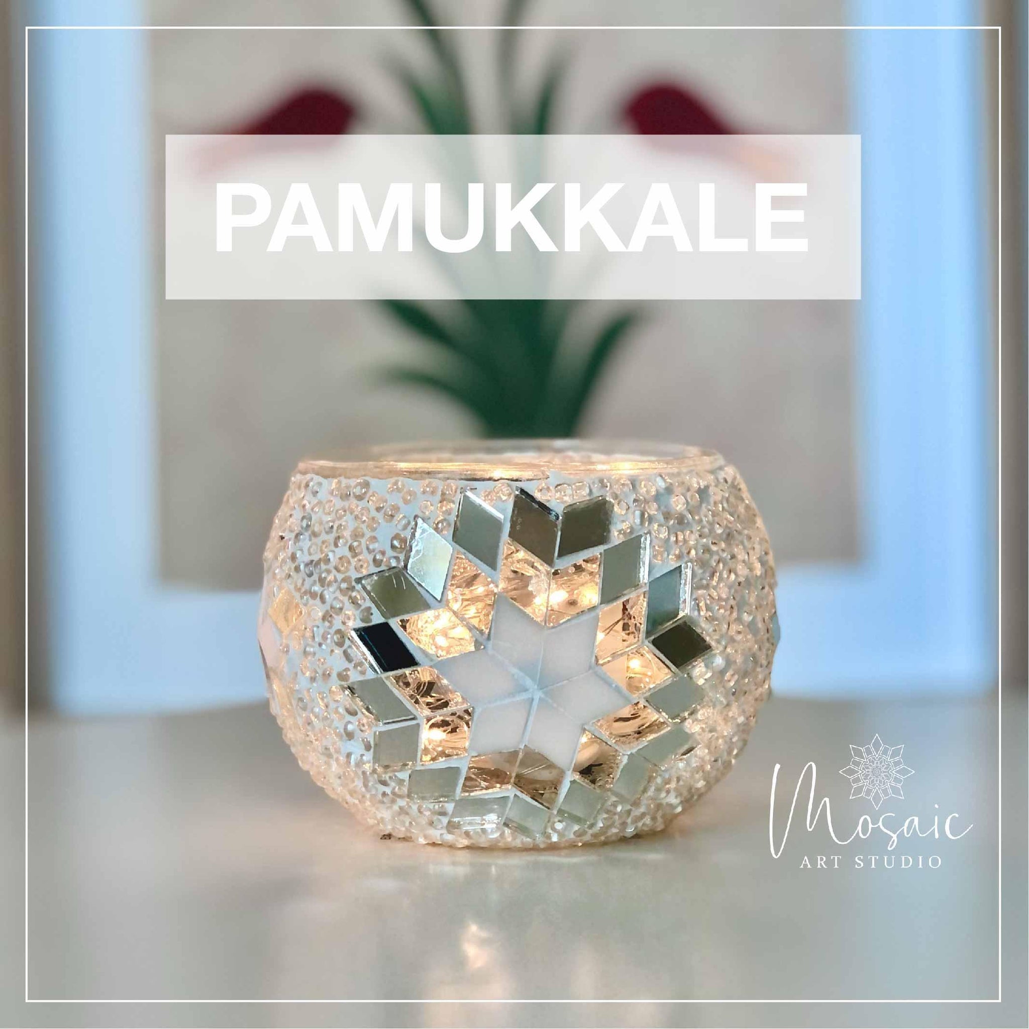 Pamukkale mosaic candle holder with star pattern and intricate glass bead design on white surface