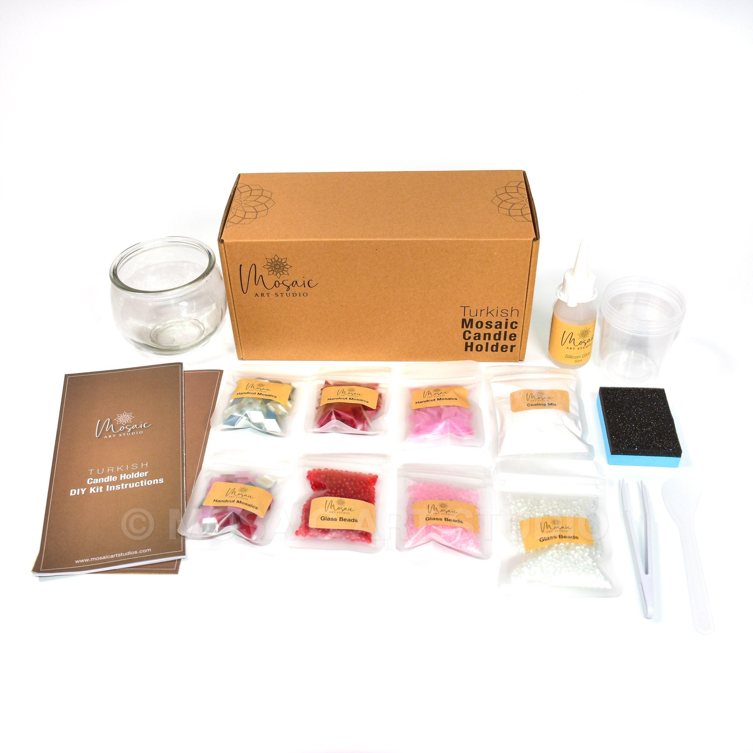 Turkish mosaic candle holder DIY kit with glass jar, mosaic pieces, beads, glue, sponge, tweezers, and instructions