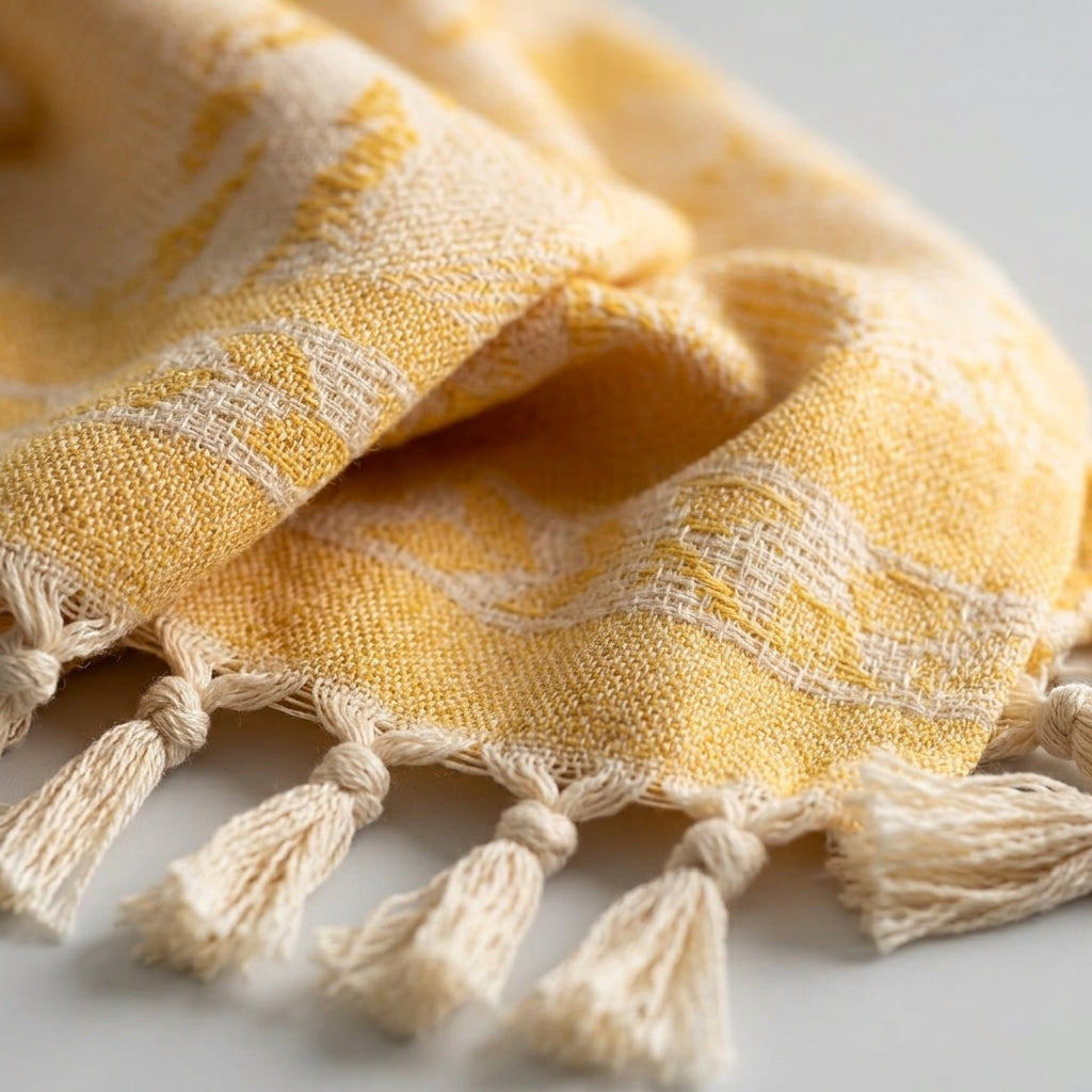 Close-up of the handloomed Turkish towel weave and hand-tied tassels