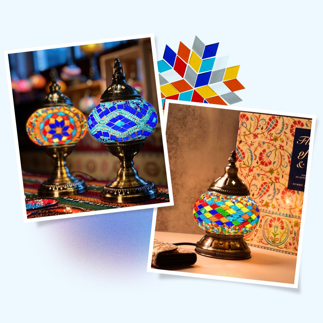 Two handmade mosaic lamps glowing side by side